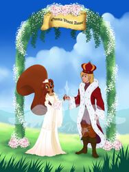  aged_up anthro anthrofied arthur_pendragon blonde_hair boots bouquet brown_body brown_fur clothed clothing cloud crown digital_media_(artwork) disney dress duo eurasian_red_squirrel female female_on_human flower flower_bouquet footwear freewingss fur grass hair hand_holding hazel_(the_sword_in_the_stone) headgear human human_on_anthro interspecies jewelry latin_text male male/female male_on_anthro mammal necklace plant robe rodent romantic romantic_couple sciurid sky smile text the_sword_in_the_stone tree_squirrel watermark wedding wedding_dress 