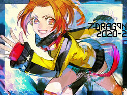  7th_dragon_(series) 7th_dragon_2020 7th_dragon_2020-ii dated destroyer_(7th_dragon_2020) female foreshortening goggles goggles_around_neck grin jacket looking_at_viewer nishihara_isao orange_eyes orange_hair running short_shorts shorts smile solo teeth torn_clothes torn_shorts yellow_jacket 