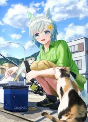  absurdres alternate_costume animal_ears black_footwear blue_eyes blue_hair blue_sky cloud day ear_covers feline female fish fishing_rod fusou_(fuso0205) green_shirt hair_ornament hairclip highres horse_ears horse_girl horse_tail open_mouth outdoors seiun_sky_(umamusume) shirt shoes short_hair short_sleeves single_ear_cover sky smile sneakers solo squatting tail tongs umamusume 