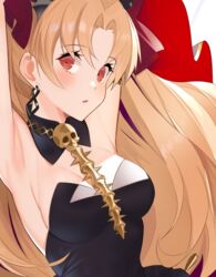  :o armpits arms_up black_dress blonde_hair blush breasts closed_mouth commentary detached_collar dress earrings ereshkigal_(fate) fate/grand_order fate_(series) female gold hair_ornament harukagi infinity_symbol jewelry long_hair looking_at_viewer medium_breasts orange_eyes parted_bangs parted_lips red_eyes skull solo spine strapless strapless_dress upper_body very_long_hair 