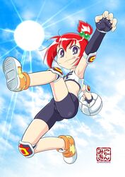  :q arm_up armpits ass ball bike_shorts black_gloves black_shorts blue_eyes brown_hair cloud elbow_gloves female fingerless_gloves from_below gloves hair_bobbles hair_ornament highres honoo_no_toukyuujo:_dodge_danko ichigeki_danko jumping knee_pads leg_up legs looking_at_viewer looking_down midriff minion20201001 orange_footwear outdoors outstretched_arms shirt shoes short_hair shorts side_ponytail sky sleeveless sleeveless_shirt smile solo sportswear sun thighs tongue tongue_out white_shirt 