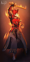  2019 5_fingers andyd anthro black_nose canid canine clothed clothing dawnblade destiny_(video_game) digital_media_(artwork) female fingers fire fox hair holding_melee_weapon holding_object holding_sword holding_weapon ira_(ira_the_carnivore) magic_user mammal melee_weapon red_hair solo standing sword warlock_(destiny_2) weapon 