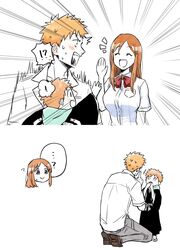  ! !? 2boys ? black_hakama bleach bleach:_epilogue blush bow breasts brown_eyes brown_footwear choko_egg closed_eyes commentary_request family female finger_to_mouth full_body grey_pants hair_ornament hairpin hakama happy highres inoue_orihime japanese_clothes kneeling kurosaki_ichigo kurosaki_kazui large_breasts long_hair looking_at_another multiple_boys open_mouth orange_hair pants red_bow shoes short_hair short_sleeves shushing speech_bubble standing teeth time_paradox upper_body upper_teeth_only waving white_background 