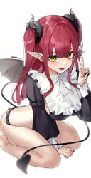  :d absurdres apron arm_support bare_legs barefoot between_legs black_bra black_nails blurry blurry_foreground bra breasts commentary cosplay demon_horns demon_tail demon_wings eyebrows_hidden_by_hair female fingernails frilled_apron frilled_panties frills full_body green_eyes hand_between_legs hand_up highres horns kitagawa_marin large_breasts legs long_hair long_sleeves looking_at_viewer nang_z1 narrow_waist open_mouth panties pointy_ears red_hair rizu-kyun rizu-kyun_(cosplay) sharp_fingernails simple_background sitting smile solo sono_bisque_doll_wa_koi_wo_suru tail teeth thighs tongue twitter_username two_side_up underwear v wariza white_apron white_background wings 