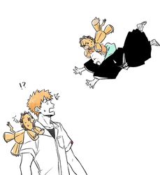  !? 2boys black_hakama black_shirt bleach bleach:_epilogue blush choko_egg closed_eyes commentary_request dual_persona falling father_and_son full_body hakama highres hood hoodie imminent_hug japanese_clothes kon_(bleach) kurosaki_ichigo kurosaki_kazui long_sleeves looking_at_another male_focus multiple_boys open_mouth orange_hair school_uniform shirt short_hair short_sleeves stuffed_animal stuffed_lion stuffed_toy surprised sweatdrop teeth time_paradox undershirt upper_body upper_teeth_only white_background wide_sleeves 