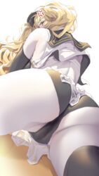  ahoge anger_vein ass black_gloves black_hat black_sailor_collar black_thighhighs blonde_hair breasts elbow_gloves female from_behind gloves granblue_fantasy hat ion_(cation) large_breasts looking_at_viewer looking_back lying microskirt monika_weisswind monika_weisswind_(swimsuit)_(granblue_fantasy) official_alternate_costume on_stomach sailor_collar single_thighhigh skirt solo thighhighs thighs twintails visor_cap white_skirt yellow_eyes 