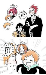  ! !? abarai_ichika abarai_renji black_hair bleach bleach:_epilogue blush character_name chest_tattoo choko_egg closed_eyes collarbone commentary_request english_text facial_tattoo family father_and_son hair_between_eyes hair_ribbon highres holding holding_person inoue_orihime kon_(bleach) kuchiki_rukia kurosaki_ichigo kurosaki_kazui long_hair long_sleeves looking_at_another medium_hair open_mouth orange_hair ponytail purple_ribbon red_hair ribbon short_hair speech_bubble stuffed_animal stuffed_toy tattoo time_paradox upper_body white_background wide_sleeves 