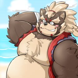  1:1 2019 anthro belly blush brown_body brown_fur canid canine clothed clothing fur goemon_(tas) hi_res lifewonders male mammal mohumohudansi moobs nipples outside overweight overweight_anthro overweight_male raccoon_dog solo tanuki tokyo_afterschool_summoners water 