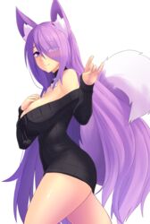  animal_ear_fluff animal_ears bare_shoulders black_sweater blue_eyes breasts closed_mouth commentary commission detached_collar english_commentary eyes_visible_through_hair female fox_ears fox_shadow_puppet fox_tail from_side hair_over_one_eye hand_on_own_chest hands_up highres kazukoto kurona_reole legs_up long_hair long_sleeves looking_at_viewer medium_breasts off-shoulder_sweater off_shoulder original purple_hair smile solo standing sweater tail transparent_background very_long_hair 