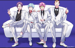  4boys bandages blue_hair cleft_chin collarbone couch facial_hair formal glasses hand_on_another&#039;s_shoulder hand_on_own_chin headgear kaidou_shun kuboyasu_aren light_blue_hair male_focus mohawk moustache multiple_boys nendou_riki on_couch pink_hair pirika_(rm0315) purple_hair saiki_kusuo saiki_kusuo_no_psi_nan scar scar_across_eye short_hair suit thumbs_up tinted_eyewear white_suit 