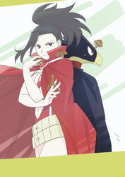  1boy absurdres animal_head artist_name bird_boy black_eyes black_hair bodysuit boku_no_hero_academia breasts cape center_opening cleavage cloak closed_mouth cowboy_shot dated female green_background hair_pulled_back highres holding holding_mushroom long_hair looking_at_viewer looking_away medium_breasts midriff morishima_noriko multicolored_background mushroom navel ponytail pose red_bodysuit red_cape red_eyes smile standing thighs tokoyami_fumikage white_background yaoyorozu_momo 