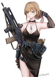  absurdres adjusting_hair ammunition_belt artist_name assault_rifle bare_shoulders black_choker black_dress black_gloves blonde_hair breasts bullpup choker cleavage collarbone commentary_request dress earpiece elbow_gloves feet_out_of_frame female gloves green_eyes gun handgun highres holding holding_gun holding_weapon holster holstered jewelry lithographica long_hair looking_at_viewer magazine_(weapon) medium_breasts necklace open_mouth original parted_lips rifle solo standing vhs-d2 watch weapon white_background wristwatch 