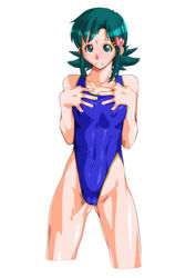  blue_one-piece_swimsuit competition_swimsuit covered_nipples female green_hair hair_ornament hairclip kozue_hinako looking_at_viewer one-piece_swimsuit parted_lips qkat_(arikawa-dou) short_hair simple_background solo super_real_mahjong swimsuit teeth white_background 