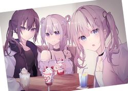  3girls :o :t bad_id bad_twitter_id bandaid bandaid_on_cheek bandaid_on_face bendy_straw black_choker black_jacket black_shirt blush breasts brown_eyes brown_hair brown_nails choker cleavage closed_mouth collarbone commentary_request cup drink drinking_glass drinking_straw fingernails flower grey_hair hair_between_eyes hair_flower hair_ornament hair_rings hand_on_another&#039;s_shoulder highres holding holding_cup jacket kazakami_saaya kogure_ruka long_hair looking_at_viewer multicolored_hair multiple_girls nail_polish off-shoulder_shirt off_shoulder open_clothes open_jacket parfait parted_lips pink_hair pink_jacket pout puffy_short_sleeves puffy_sleeves purple_eyes purple_nails sakura_no_sekai shirt short_sleeves sidelocks sitting small_breasts smile streaked_hair table taking_picture tsuruse twintails two_side_up utsumi_sakura white_flower white_shirt 