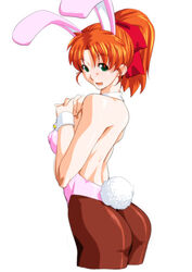  animal_ears ass black_pantyhose bow covered_nipples fake_animal_ears fake_tail female green_eyes hairbow highleg highleg_leotard leotard looking_at_viewer looking_back mana_(super_real_mahjong) open_mouth orange_hair pantyhose pink_leotard playboy_bunny ponytail qkat_(arikawa-dou) rabbit_ears rabbit_tail red_bow simple_background solo super_real_mahjong tail white_background wrist_cuffs 