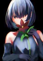  absurdres bare_shoulders black_background black_dress black_eyes black_gloves black_hair blurry blurry_foreground bob_cut commentary depth_of_field dress elbow_gloves female flower flower_to_mouth gloves hair_over_eyes halterneck highres holding holding_flower leaf long_bangs looking_at_viewer monogatari_(series) oshino_ougi red_flower red_pupils short_hair simple_background sleeveless sleeveless_dress sleeveless_turtleneck_dress smelling solo t33h8703 turtleneck turtleneck_dress upper_body 