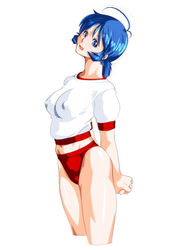  ahoge arms_behind_back blue_eyes blue_hair breasts buruma covered_nipples female gym_uniform looking_at_viewer lower_teeth_only open_mouth qkat_(arikawa-dou) red_buruma shaft_look short_hair simple_background solo super_real_mahjong teeth white_background yuu_(super_real_mahjong) 