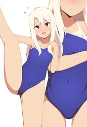  absurdres blush breasts competition_school_swimsuit covered_navel fate/stay_night fate_(series) female flying_sweatdrops highres illyasviel_von_einzbern long_hair looking_at_viewer mitchi one-piece_swimsuit one-piece_tan open_mouth red_eyes school_swimsuit small_breasts smile solo swimsuit tan tanlines white_hair 