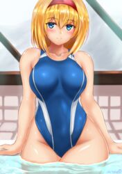  alice_margatroid blonde_hair blue_eyes blue_one-piece_swimsuit commentary_request competition_swimsuit cowboy_shot female hairband highleg highleg_swimsuit looking_at_viewer one-piece_swimsuit red_hairband shetake short_hair sitting soaking_feet solo swimsuit touhou water 