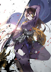  armor blue_cape breasts brown_hair cape character_request faulds female highres holding holding_polearm holding_weapon large_breasts long_hair long_sleeves looking_at_viewer one_eye_covered pants parted_lips polearm purple_pants red_eyes solo tower_of_saviors vardan very_long_hair weapon 