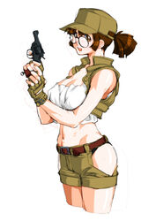  belt black_panties breasts brown_eyes brown_hair cleavage crop_top cropped_legs enfield_no.2_mk1 female fingerless_gloves fio_germi glasses gloves gun hat holding holding_gun holding_weapon metal_slug midriff no_bra open_mouth panties ponytail qkat_(arikawa-dou) revolver short_hair short_ponytail shorts simple_background solo teeth underwear upper_teeth_only vest weapon white_background 