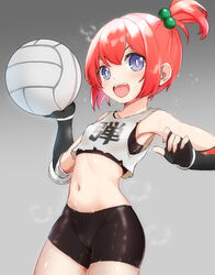  arm_up armpits ball bike_shorts black_gloves black_sports_bra blue_eyes brown_hair dongchuan elbow_gloves female fingerless_gloves gloves grey_background groin hair_bobbles hair_ornament honoo_no_toukyuujo:_dodge_danko ichigeki_danko midriff navel open_mouth shirt short_hair short_shorts shorts side_ponytail simple_background sleeveless sleeveless_shirt smile solo sports_bra sportswear sweat thighs white_shirt 