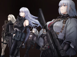  4girls ak-12 ak-12_(girls&#039;_frontline) ak-15 ak-15_(girls&#039;_frontline) an-94 an-94_(girls&#039;_frontline) aqua_eyes assault_rifle black_background black_cape black_gloves black_pants blonde_hair bodysuit braid breasts cape closed_eyes closed_mouth commentary defy_(girls&#039;_frontline) feet_out_of_frame girls&#039;_frontline gloves grey_hair gun hair_ornament hairclip hand_in_own_hair highres holding holding_gun holding_weapon jacket kalashnikov_rifle large_breasts light_machine_gun long_hair looking_away machine_gun mask mask_around_neck medium_breasts megane_jigoku multiple_girls navel pants purple_eyes rifle rpk-16 rpk-16_(girls&#039;_frontline) short_hair shorts standing tactical_clothes weapon white_jacket white_shorts 