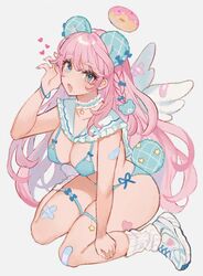  angel_wings animal_ears aqua_bra aqua_choker aqua_eyes aqua_headwear aqua_nails aqua_panties bandaid bandaid_on_arm bandaid_on_knee bandaid_on_leg bandaid_on_wing bear_ears bear_hair_ornament bear_tail blue_bow blue_bracelet bow bow_bra bra breasts claw_pose crossed_bandaids curly_hair dot_nose doughnut female fingernails food frilled_sailor_collar frills grey_background hair_between_eyes hair_ornament hairbow halo heart highres large_breasts leg_warmers legs lingerie long_bangs long_hair looking_at_viewer miyako_(xxxbibit) mole mole_on_breast mole_under_mouth nail_polish oerba_yun_fang open_mouth original panties pink_doughnut pink_hair plaid_headwear raised_eyebrows ribbed_socks sailor_collar shoes short_tail simple_background sitting skin_fang sneakers socks solo star_ornament tail teddy_bear_hair_ornament thigh_strap thighs underwear wariza white_footwear white_sailor_collar white_socks white_wings wings 