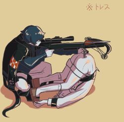  2boys aiming arknights armband blue_hair crossbow crossbow_bolt faust_(arknights) grip mephisto_(arknights) multiple_boys natsutrauma reunion_logo_(arknights) scope shorts snake_boy snake_tail socks tail upside-down weapon white_hair 