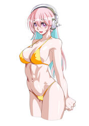  arms_behind_back bikini breasts female headphones long_hair multicolored_hair navel nitroplus orange_bikini pink_eyes pink_hair qkat_(arikawa-dou) sideboob simple_background solo super_sonico swimsuit two-tone_hair white_background 