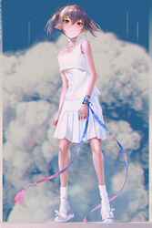  absurdres aircraft airplane blue_ribbon blue_sky blush brown_hair choker cloud commentary_request dress earrings english_text hair_between_eyes highres jewelry light_smile looking_at_viewer orange_eyes original photoshop_(medium) pointy_ears ribbon sky slippers socks solo tifg39 tiptoes twintails white_dress white_socks 