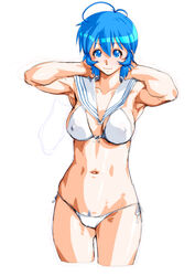  ahoge armpits arms_behind_head arms_up bikini blue_eyes blue_hair breasts covered_nipples female front-tie_bikini_top front-tie_top looking_at_viewer navel qkat_(arikawa-dou) short_hair side-tie_bikini_bottom simple_background solo super_real_mahjong swimsuit white_background white_bikini yuu_(super_real_mahjong) 