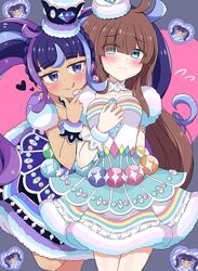  2girls :q absurdres ahoge aqua_eyes arm_behind_back blue_hair blunt_bangs blush braid breasts brown_hair choker cleavage collarbone commentary_request cowboy_shot crown crown_braid diamond-shaped_pupils diamond_(shape) dress embarrassed eyes_visible_through_hair finger_to_own_chin fur-trimmed_dress fur_cuffs fur_sleeves fur_trim hair_over_eyes headset heart heart_background highres idol kiratto_pri_chan kuro_daia_(pri_chan) long_hair looking_at_another medium_breasts meiji_(meizi493) microphone mini_crown multicolored_clothes multicolored_dress multicolored_eyes multicolored_hair multiple_girls nijinosaki_dia pretty_series purple_hair rainbow_eyes raised_eyebrows shiny_skin sideways_glance sweatdrop symbol-shaped_pupils tongue tongue_out twintails very_long_hair wavy_mouth white_dress 