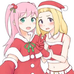  2girls :d belt blonde_hair blush breasts christmas commentary_request crop_top detached_collar dress embarrassed gloves green_eyes green_ribbons hair_bobbles hair_ornament hat highres holding_another&#039;s_arm long_hair looking_at_viewer midriff mohya multiple_girls navel nemoto_hina okada_akane open_mouth pink_hair purple_eyes red_dress red_gloves red_hat ribbon santa_costume santa_dress santa_gloves santa_hat simple_background smile standing sweat two_side_up upper_body v watashi_ga_motenai_no_wa_dou_kangaetemo_omaera_ga_warui! white_background 