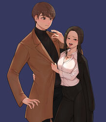  1boy absurdres arm_around_waist bdpp black_eyes black_pants black_shirt blue_background breasts brown_coat brown_eyes brown_hair cleavage coat copyright_request female grabbing highres jewelry long_hair long_sleeves necklace pants saliva saliva_trail shirt standing sweatdrop tongue tongue_out turtleneck white_shirt 