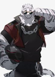  1boy absurdres alternate_costume arknights bara black_tank_top chain_necklace chains furry furry_male helmet highres jewelry large_pectorals loss_kim male_focus mountain_(arknights) muscular muscular_male necklace pectorals scar scar_across_eye scar_on_face solo tank_top unfinished white_fur 