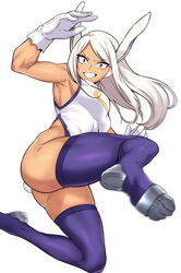  absurdres animal_ears arm_up armpits ass attack bare_arms boku_no_hero_academia commentary_request dark-skinned_female dark_skin female fur_collar gloves grin highleg highleg_leotard highres incoming_attack kicking kook korean_commentary leotard long_hair looking_at_viewer mirko motion_blur purple_thighhighs rabbit_ears rabbit_girl rabbit_tail red_eyes simple_background sleeveless sleeveless_turtleneck sleeveless_turtleneck_leotard smile solo superhero_costume tail teeth thighhighs turtleneck turtleneck_leotard v-shaped_eyebrows white_background white_hair white_leotard 