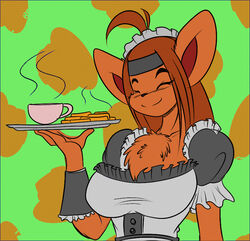  beverage canid canine chest_tuft clothing female food fox maid_uniform mammal mastergodai mramp pancake smile solo tuft uniform 