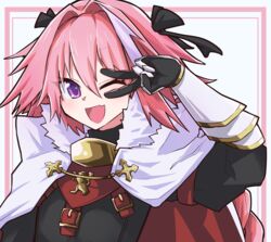  1boy ;d absurdres arm_up astolfo_(fate) bad_id bad_pixiv_id black_bow black_gloves black_ribbon black_shirt bow braid buckle cloak cross fate/apocrypha fate_(series) fur-trimmed_cloak fur_collar fur_trim gauntlets gloves hair_between_eyes hair_intakes hair_ribbon hairbow highres jipponwazaari long_hair long_sleeves looking_at_viewer male_focus multicolored_hair oerba_yun_fang one_eye_closed open_mouth otoko_no_ko pink_hair purple_eyes ribbon shirt single_braid skin_fang smile solo streaked_hair upper_body v_over_eye white_background white_cloak white_hair 