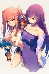  2girls commentary_request cu_chulainn_(caster)_(fate) cu_chulainn_(fate) cu_chulainn_(fate/prototype) cu_chulainn_(fate/stay_night) dress echo_(circa) fate/grand_order fate_(series) fergus_mac_roich_(fate) medb_(fate) medb_(swimsuit_saber)_(fate) medb_(swimsuit_saber)_(second_ascension)_(fate) mini_cu-chan_(fate) multiple_girls pantyhose pink_hair purple_dress purple_hair red_eyes scathach_(fate) scathach_skadi_(fate) smile strapless strapless_dress yellow_eyes 