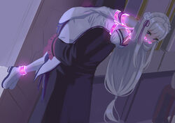  absurdres arms_behind_back bondage bondage bound bound_ankles bound_arms cailin020 carrying carrying_over_shoulder emilia_(re:zero) female flower gag gagged hair_flower hair_ornament highres kidnapped kidnapping long_hair purple_eyes purple_ribbon re:zero_kara_hajimeru_isekai_seikatsu restrained ribbon solo_focus very_long_hair white_flower white_hair 