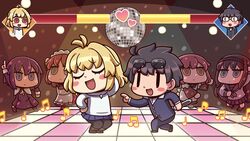  1boy 3_3 5girls arcueid_brunestud black_hair blue_hair blush_stickers chibi ciel_(tsukihime) crossover dance_floor dancing disco_ball health_bar heart highres hisui_(tsukihime) knife kohaku_(tsukihime) melty_blood melty_blood:_type_lumina multiple_girls musical_note non-web_source official_art open_mouth pointing pointing_up red_hair riyo_(lyomsnpmp) saturday_night_fever short_hair smile tohno_akiha tohno_shiki tsukihime tsukihime_(remake) type-moon |_| 