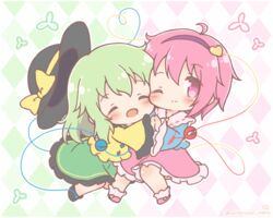  2girls chibi dress green_hair hat komeiji_koishi komeiji_satori mitarashi_neko pink_eyes pink_hair shoujo_ai touhou watermark wink 