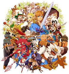  6+boys 6+girls absurdres anniversary bad_id bad_pixiv_id beard blonde_hair champion&#039;s_tunic_(zelda) commentary_request crown daruk dual_persona everyone facial_hair gerudo glasses goron hestu highres hyrule_warriors:_age_of_calamity impa instrument jewelry kass kohga korok link maracas master_sword mipha monster_boy monster_girl multiple_boys multiple_girls neck_ring paya_(zelda) pointy_ears polearm princess_zelda purah red-framed_eyewear red_hair revali rhoam_bosphoramus_hyrule riju rito robbie_(zelda) round_eyewear saiba_(henrietta) sash seal_(animal) sheikah sidon smile sooga sword teba_(zelda) terrako the_legend_of_zelda the_legend_of_zelda:_breath_of_the_wild trident tusks urbosa weapon white_hair yiga_clan yunobo zora 