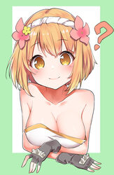  ? bangs bare_shoulders blush breasts brown_eyes cleavage closed_mouth collarbone cropped_torso endro! eyebrows_visible_through_hair fai_fai female fingerless_gloves flower gloves green_background grey_gloves hair_flower hair_ornament highres konnyaku_(kk-monmon) large_breasts looking_at_viewer orange_hair pink_flower smile solo spiked_gloves spikes two-tone_background upper_body white_background yellow_flower 