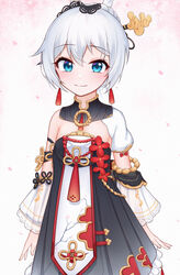  blue_eyes china_dress chinese_clothes dress earrings female hair_between_eyes hair_ornament highres hongshi_(13234456009) honkai_(series) honkai_impact_3rd jewelry looking_at_viewer petals see-through see-through_sleeves smile solo theresa_apocalypse white_hair zhuge_kongming_(honkai_impact) 