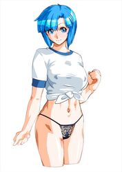  black_panties blue_eyes cropped_legs female female_pubic_hair gym_uniform looking_at_viewer mirai_(super_real_mahjong) navel panties pubic_hair pubic_hair_peek qkat_(arikawa-dou) short_hair simple_background smile solo super_real_mahjong underwear white_background 