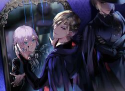  3boys black_gloves blonde_hair blue_eyes bridal_gauntlets closed_mouth crossed_arms crown epel_felmier eyeshadow gloves light_purple_hair looking_at_viewer makeup male_focus mirror multiple_boys nail_polish parted_lips purple_eyes purple_nails purple_robe robe rook_hunt sakura_hitsuji short_hair smile twisted_wonderland twitter_username vil_schoenheit 