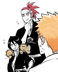  2boys abarai_renji anger_vein black_hair bleach bleach:_epilogue blush bow choko_egg commentary_request dual_persona female grin hand_on_own_face headband high_ponytail highres japanese_clothes kon_(bleach) kuchiki_rukia kurosaki_ichigo long_sleeves looking_at_another multiple_boys orange_hair red_hair short_hair smile smug stuffed_animal stuffed_lion stuffed_toy sweatdrop time_paradox white_background wide_sleeves 