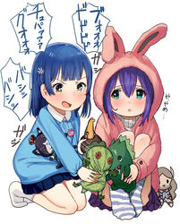  +_+ 2girls :d :o absurdres aged_down animal_ears animal_hood blue_hair blue_shirt blue_skirt blush character_doll character_request chupacabra_(idolmaster) collared_shirt commentary_request fake_animal_ears flower green_eyes hair_between_eyes hair_flower hair_ornament handa_roco highres holding hood hood_up hooded_jacket idolmaster idolmaster_million_live! idolmaster_million_live!_theater_days jacket mochizuki_anna multiple_girls nanao_yuriko no_shoes open_mouth parted_lips pink_jacket pleated_skirt purple_hair purple_skirt rabbit_ears rabbit_hood shirt simple_background sitting skirt smile socks striped_clothes striped_socks stuffed_toy suzuki_puramo translation_request v-shaped_eyebrows white_background white_flower white_legwear white_shirt yellow_eyes 